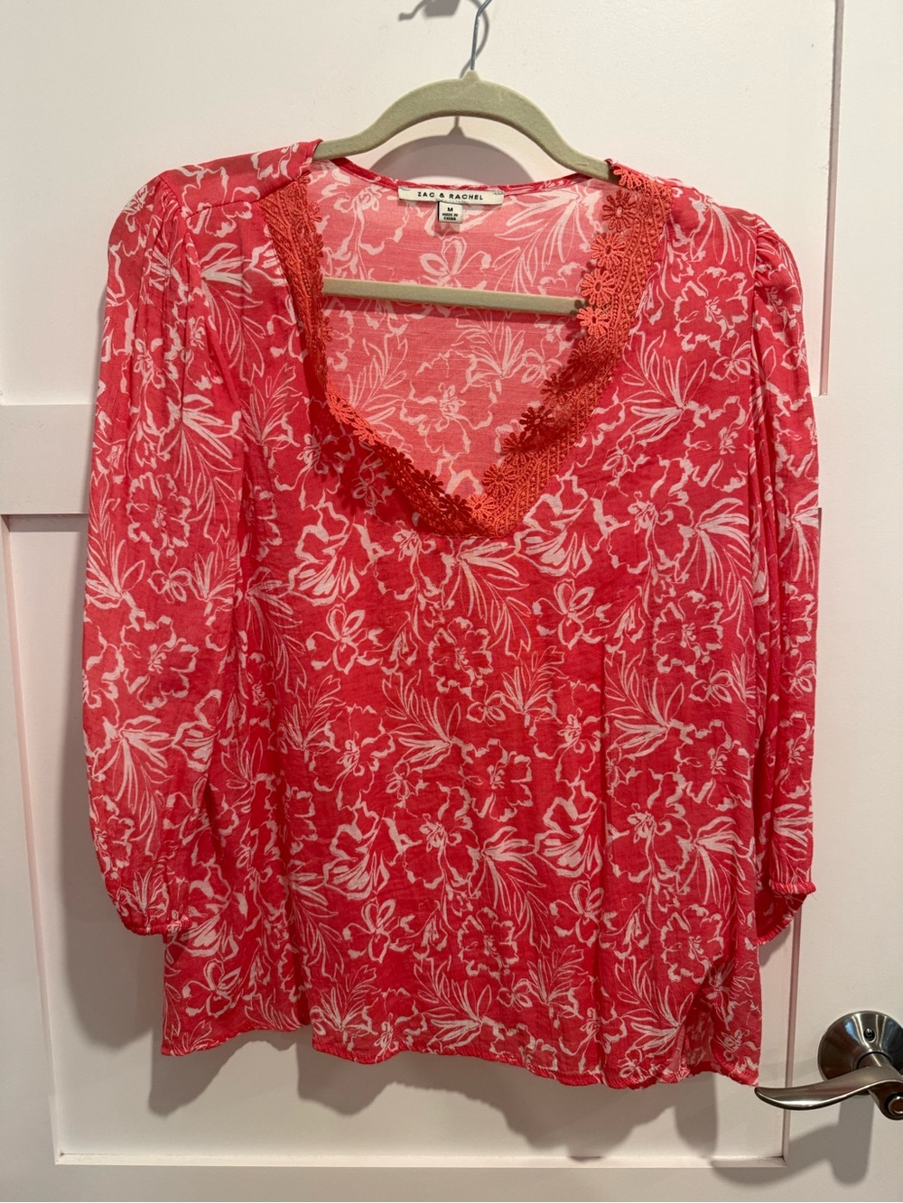 Zac & Rachel Coral Pink Floral Lace-Trim V-Neck Blouse